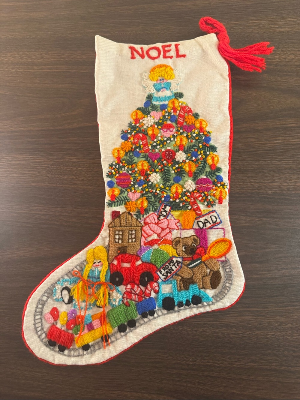 Vintage 1979 Sunset Noel Toyland Christmas Stocking Crewel Embroidery 17”